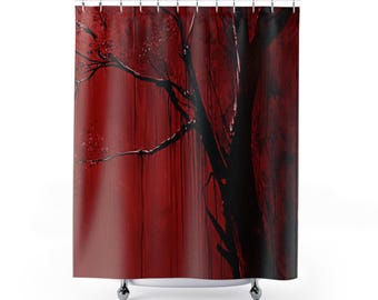 May include: A red shower curtain featuring a dark, artistic depiction of a tree with black branches and a red background. The design has a painterly quality, with a focus on the contrast between the black tree and the red backdrop.
