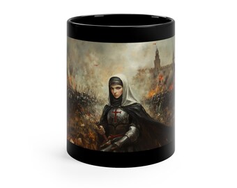 Medieval Nun Warrior Coffee Mug | Unique 11oz Gift for Her, Fantasy, Art Lover, Home Decor, Gaming Enthusiast