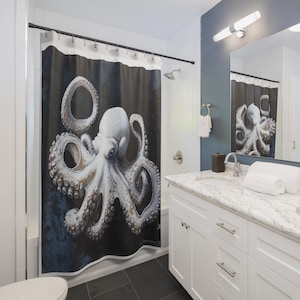 Octopus Inspired Shower Curtain, White Background, Nautical Decor, Bathroom Accessory, Gift for Ocean Lovers, Unique Home Decor
