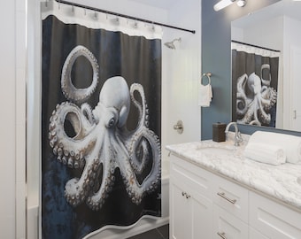 Octopus Inspired Shower Curtain, White Background, Nautical Decor, Bathroom Accessory, Gift for Ocean Lovers, Unique Home Decor