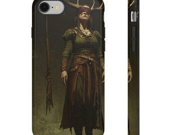 May include: Black phone case featuring a digital art print of a woman with antlers, a blindfold, and a long dress. The artwork is in shades of green, brown, and tan, with a dark background. The case has a matte finish.