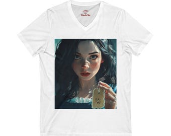 Artistic Dark Alice in Wonderland V-Neck Tee - 'Eat Me' Design, Unisex Graphic Tee, Unique Gift, Statement Shirt, Goth Lover Apparel