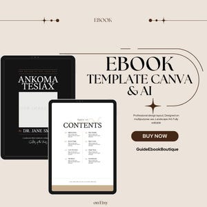 Könnte beinhalten: Ein digitales Mockup einer E-Book-Vorlage für Canva und AI. Die Vorlage ist im Querformat, A4-Größe und vollständig editierbar. Das Mockup zeigt ein Schwarzweiß-Cover mit dem Text "ANKOMA TESIAX" und eine Inhaltsverzeichnis-Seite mit dem Text "Inhaltsverzeichnis".