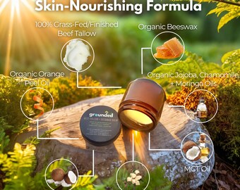 May include: A close-up of a brown glass jar with a black lid labelled "grounded beef tallow + beeswax balm". The jar is surrounded by ingredients including organic orange peel oil, organic jojoba, chamomile, and moringa oils, organic unrefined coconut oil, cocoa butter, and MCT oil.