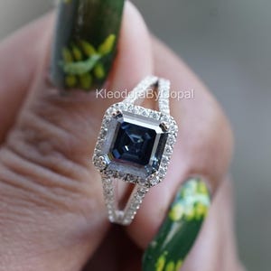 Antique Blue Moissanite Ring/ Pave & Halo Set Diamond Ring/Asscher Shape Moissanite Ring/ Perfect For All Occasion Wear/ Gift Ring For Women
