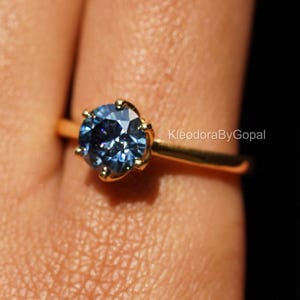 Round Cut Blue Moissanite Ring/ 1.50 CT Blue Diamond 18K White Gold Ring/ Solitaire Engagement Ring/ Cathedral Ring/ Dainty Gift Ring
