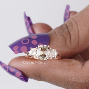 Yellow Gold Three Stone Ring/ Cushion Old Mine Cut Ring/ Unique Champagne Moissanite Ring/ Cathedral Ring/ Diamond Engagement Ring/ Gift Her