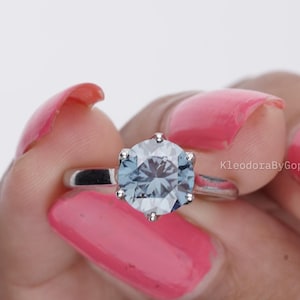 Round Cut Blue Moissanite Ring/ 1.50 CT Blue Diamond 18K White Gold Ring/ Solitaire Engagement Ring/ Cathedral Ring/ Dainty Gift Ring