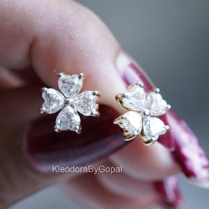 Heart Shape Moissanite Earring/ 0.85 + 0.85 CT Flower Design Earring/ 14K Yellow Gold Stud Earring/ Cluster Set Diamond Earring