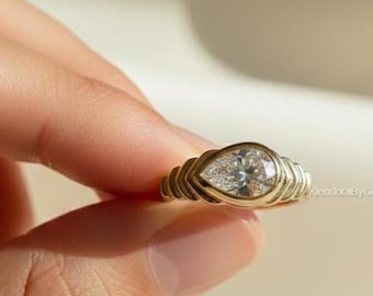 2.00 Ct Pear Cut Moissanite Engagement Ring, Bezel Set Wedding Ring, East West Diamond Ring, Anniversary Gift Ring, 14K Yellow Gold Ring