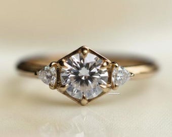 1.70 Ctw Round Cut Moissanite Ring, Trilliant Cut Accents Diamond Ring, Three Stone Engagement Ring, Minimalist Ring, Anniverasry Gift Ring