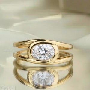 1.5 CT East To West Oval Shape Moissanite Diamond Engagement Ring 14K Solid Gold Double Band Ring For Her Bezel Set Diamond Wedding Band