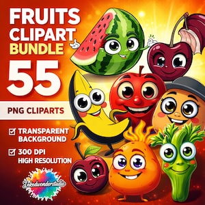 Könnte beinhalten: Eine farbenfrohe digitale Illustration von Cartoon-Früchten mit lächelnden Gesichtern, darunter eine Wassermelone, Banane, Apfel und Kirsche. Der Text lautet "FRUITS CLIPART BUNDLE 55 PNG CLIPARTS". Der Hintergrund ist orange.