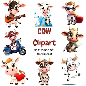 Quirky Funny Cow Clipart Bundle – Transparent Background Cartoon Cow Stickers Funny Cow PNG Quirky Cow Stickers Clipart Cow Digital Art