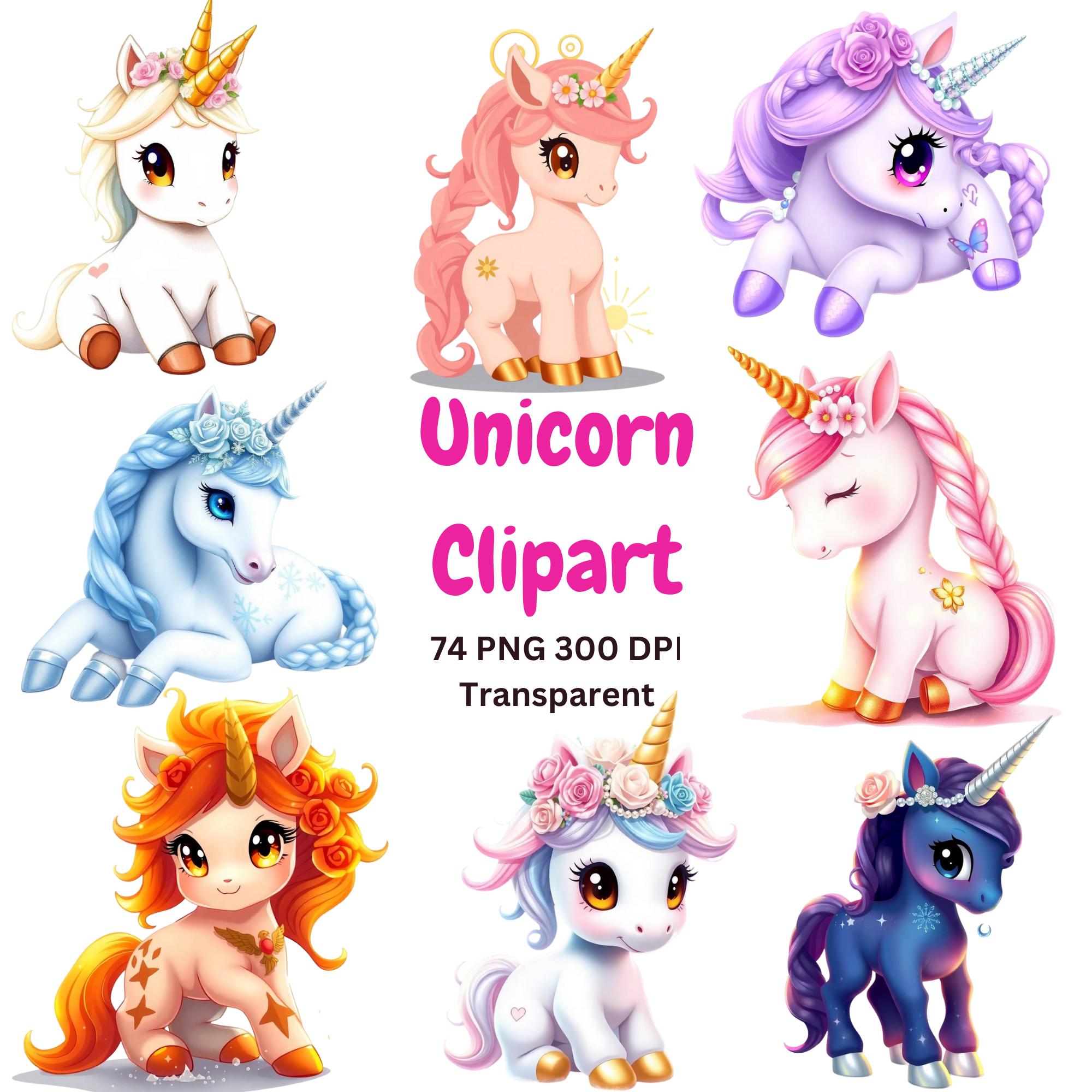 Rainbow Unicorn Clipart PNG Bundle main preview with transparent PNG graphics