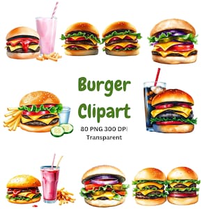 Könnte beinhalten: Eine Sammlung digitaler Illustrationen mit verschiedenen Cheeseburgern mit Salat, Tomate und Käse, begleitet von Gläsern mit rosa und dunklen Getränken mit Strohhalmen sowie Pommes frites. Der Text lautet Burger Clipart 80 PNG 300 DPI Transparent.