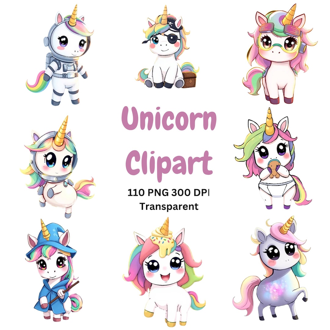 Rainbow Unicorn Clipart Bundle | Cute Kawaii Unicorn PNG, Magical ...