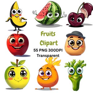 Kawaii Food PNG Bundle - Watercolor Fruit Clipart - Digital Download - 55 Transparent Cute Image - Fruits & Veggies Cartoon - Commercial Use