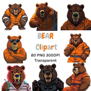 Grumpy Bear Clipart PNG Whimsical Angry Grizzly Bear Sublimation clip art Prison Bear graphics Irritated Bears cartoon illustration