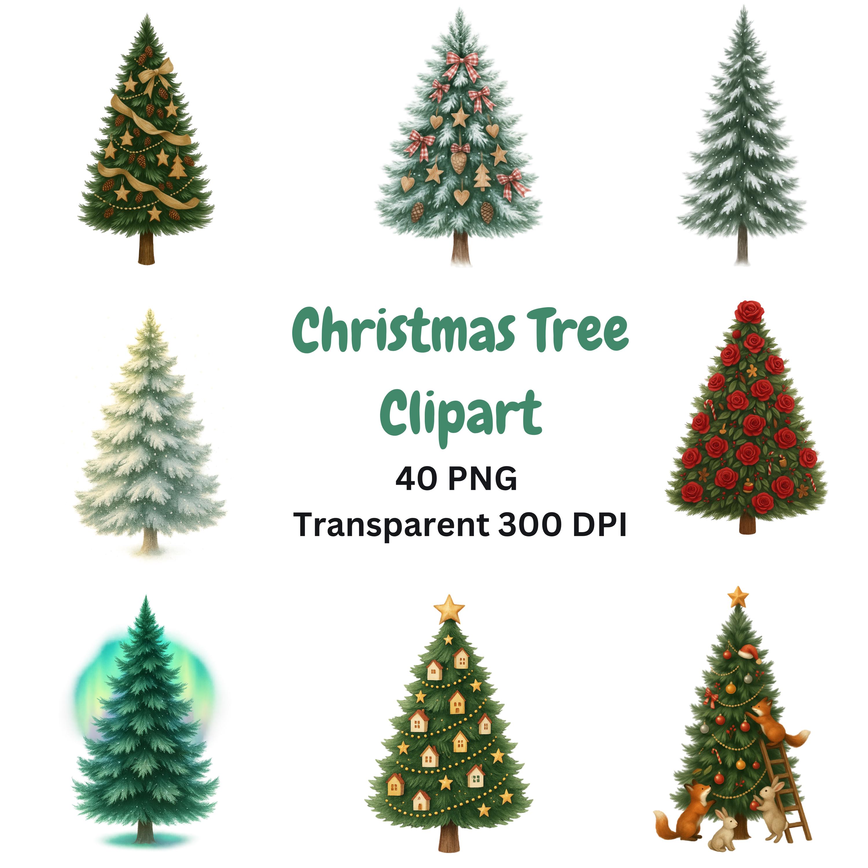 Christmas Tree Clipart PNG Bundle main preview with transparent PNG graphics