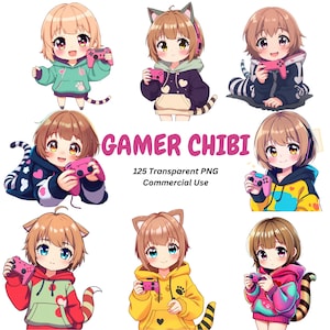 Chibi Anime Gamer Girls Clipart Bundle - Kawaii, Happy, Goth Streamer - 125 Transparent Background PNG For Commercial Use - Digital Download