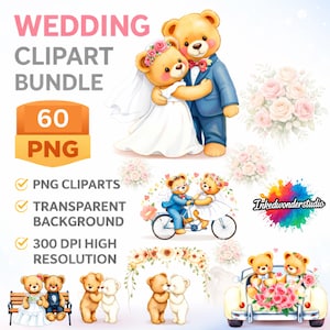 Könnte beinhalten: Ein digitales Hochzeits-Clipart-Paket mit 60 PNG-Dateien von Teddybären in Hochzeitskleidung. Die Illustrationen zeigen Bären in weißem Kleid und blauem Anzug, auf einem Tandem, auf einer Bank sitzend und in einem Auto mit rosa Rosen.