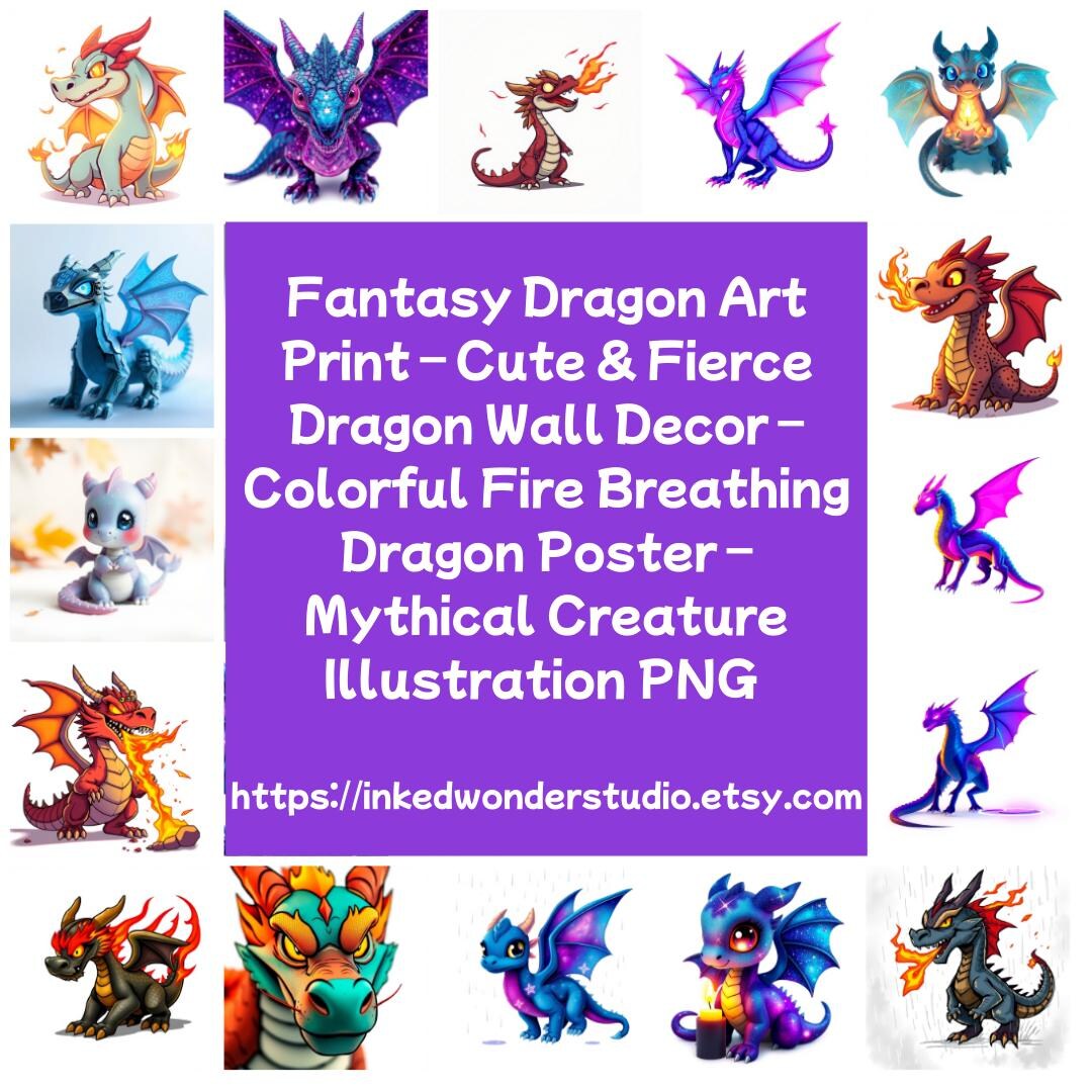 Fantasy Dragon Art Print Cute & Fierce Dragon Wall Decor Colorful Fire ...