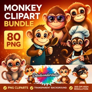 Monkey Clipart Bundle, Cute Baby Monkey PNG Graphics