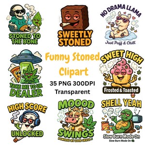 Könnte beinhalten: Eine Sammlung farbenfroher Cartoon-Clipart-Bilder mit Cannabis-Themen. Die Designs umfassen ein Skelett, einen Brownie, ein Lama, einen Cupcake, einen Joint mit Kopfhörern, eine Kuh und eine Schildkröte. Text enthält Sätze wie "Stoned to the Bone".