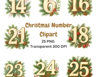 25 Advent Calendar Clipart, Christmas Numbers PNG Bundle