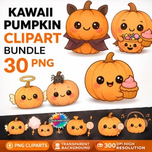 Kawaii Pumpkin Clipart Bundle, Cute Fall PNG Graphics