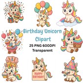 Produktansicht von Unicorn Birthday Clipart PNG Bundle – Bild 1