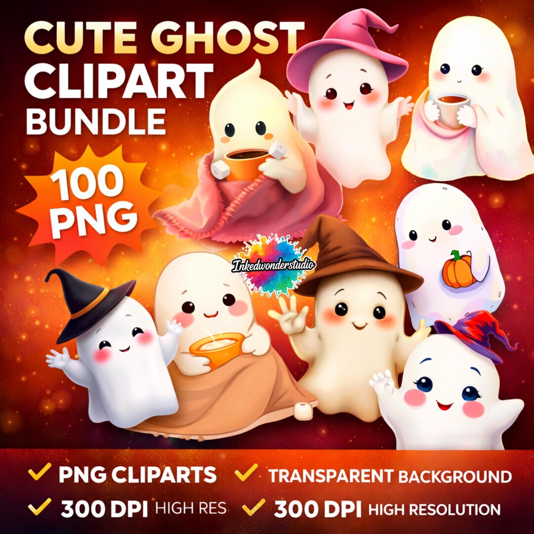 Cute Ghost Clipart Bundle | 100 PNG Halloween Ghosts | Kawaii Spooky ...