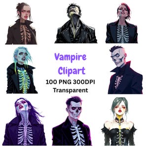 Könnte beinhalten: Eine Sammlung digitaler Illustrationen mit verschiedenen Charakteren, die Skelettmotive auf der Brust, dunkle Kleidung und leuchtende Akzente tragen. Der Text lautet Vampire Clipart 100 PNG 300DPI Transparent. Die Figuren zeigen diverse Haarfarben und Stile.