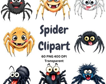 Spider Clipart Bundle | 60 Cute & Spooky Spider PNGs | Halloween Cartoon Spider Art | Funny Bug Clipart for Sublimation | Crafts