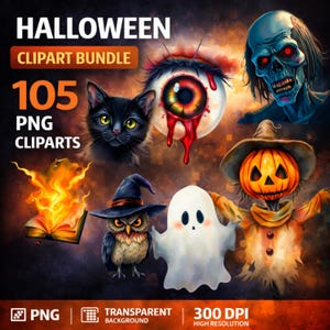 Könnte beinhalten: Ein digitales Halloween-Clipart-Bundle mit verschiedenen gruseligen Illustrationen. Das Bild zeigt eine schwarze Katze, einen Zombie, eine kürbisköpfige Vogelscheuche, eine Eule mit Hexenhut, einen Geist und ein blutiges Auge. Der Text lautet "Halloween Clipart Bundle" und "105 PNG Cliparts."