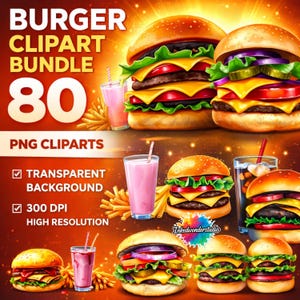 Burger Clipart Bundle | 80 Fast Food PNGs | Watercolor Hamburger & Fries Clipart | Junk Journal, Sublimation | Cafe Menu Design