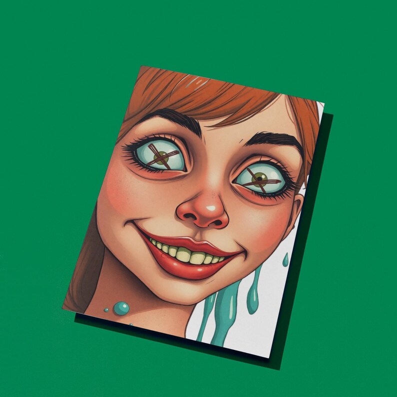 May include: A close-up of a woman's face with a wide smile. Her eyes are crossed and have stitches over them. Green liquid is dripping from her face.