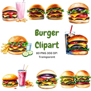 Fast Food Clipart Bundle - 80 Burger Theme Design - Digital Download - Quality Transparent PNG - Colorful Cartoon Food - For Commercial Use