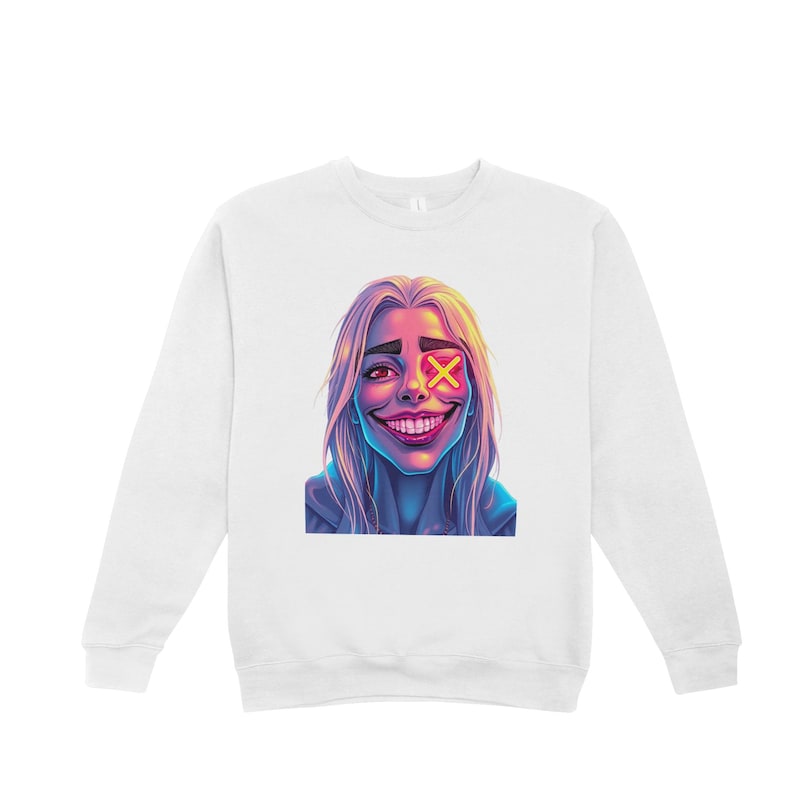 May include: White sweatshirt with a colorful illustration of a person with a yellow X over one eye. The person is smiling with a bright pink and blue color scheme.