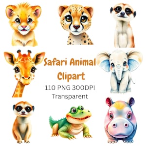 Clipart d'animaux de safari à l'aquarelle, Clipart de famille de safari, Bébés animaux de safari, Animaux de safari en taille réelle, Clipart d'animaux de la jungle, Safari PNG