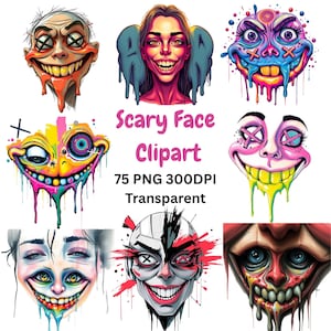 May include: A set of 75 digital clipart images featuring scary faces with dripping paint. The faces are in various colors, including yellow, pink, blue, and green. The images are 300 DPI and transparent.