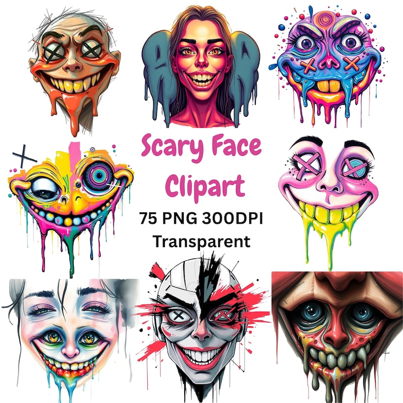 May include: A set of 75 digital clipart images featuring scary faces with dripping paint. The faces are in various colors, including yellow, pink, blue, and green. The images are 300 DPI and transparent.