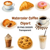 Produktansicht von Watercolor Coffee Clipart PNG Bundle – Bild 1