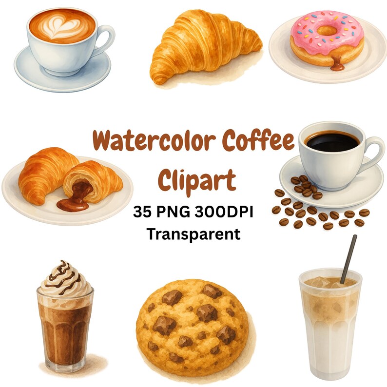 Produktansicht von Watercolor Coffee Clipart PNG Bundle – Bild 1