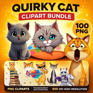 Funny Cat Clipart Bundle, 100 Cute Kitten PNG Graphics