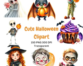 Cute Halloween Clipart Bundle 150 PNG | Kids Halloween PNG 300 DPI Transparent | Spooky Cute Kawaii | Cricut Canva Sublimation