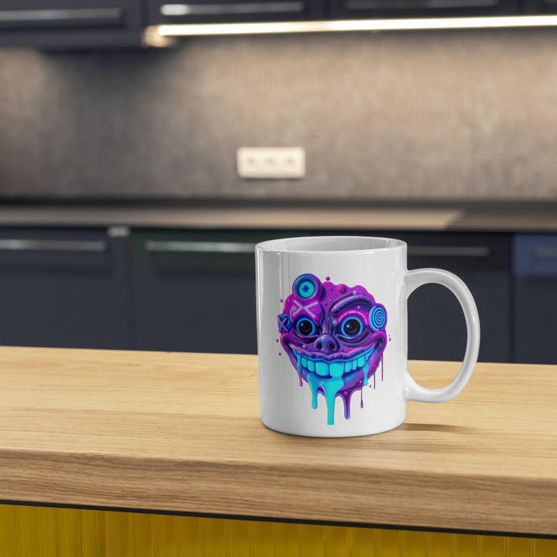 May include: White ceramic mug with a colorful, dripping, cartoon face design. The face is purple, blue, and white with a wide smile and multiple eyes.
