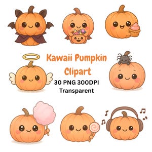 Kawaii Pumpkin Clipart Bundle, Cute Fall PNG Graphics