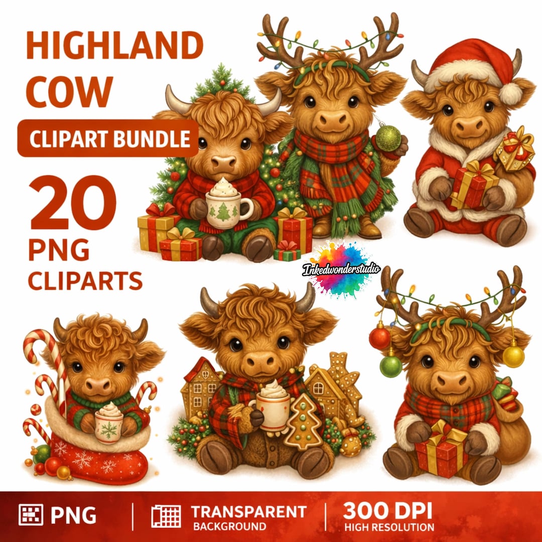 Christmas Highland Cow Clipart Bundle PNG | Cute Holiday Cow ...